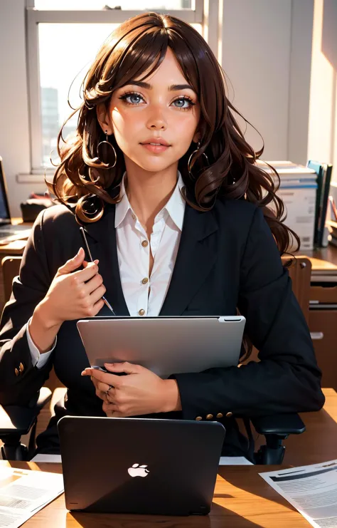 1girl,  light brown hair,  long nose, thick lips,   curly hair,  office lady, office, wavy hair, laptop, sitting, file, file cab...