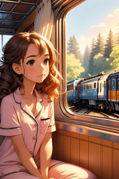 (masterpiece, best quality), 1girl, Carnation Side Swept Curls, tiny breasts,   <lora:girlliketrainroomette:1> train roomette, bunk bed, pajamas, looking out the big window, breakfast on table, wooden wall