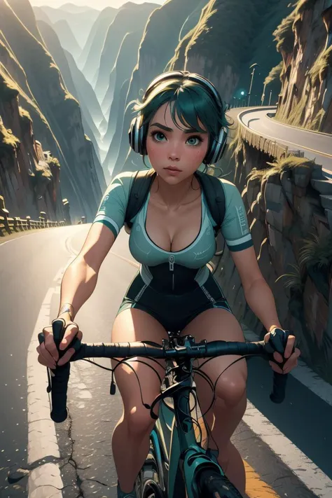 (masterpiece, best quality), 1girl,Sea green Side-Swept Updo with Twisted Detail, Size G breasts,  <lora:girllikeyungasroad:1> closeup, riding a road bike, handlebar, yungas road, downhill, cliff, steep slope, headphones, backpack