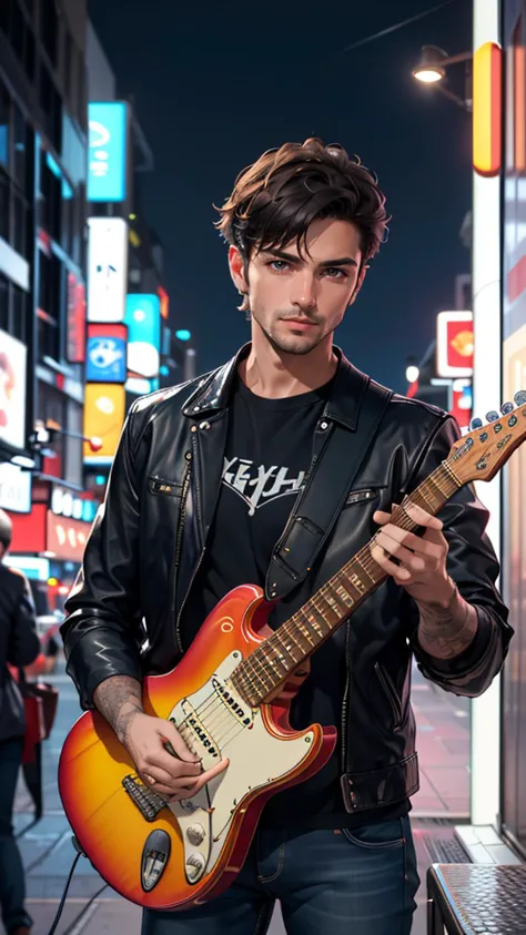 arafed man in a leather jacket holding a guitar on a city street