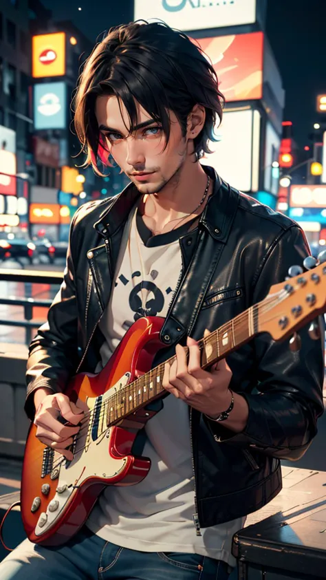 (best quality, masterpiece, colorful, highest detailed) upper body photo, fashion photography of cute photo, (1 gorgeuos italian man), in high detailed leather black jacket and jeans, short hair, photogenic, playing guitar, fender stratocaster, New York city, ultra high details, dawn, bokeh background, perfect night, (night beautiful background:1.3), (intricate details), (dynamic angle), dim colors,