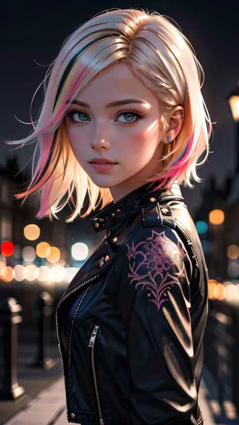 (masterpiece, best quality, highres:1.2), (photorealistic:1.2), raw portrait photo of punk girl, very short multicolored hair, i...