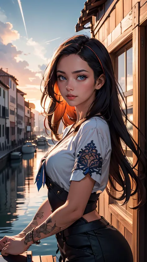 (masterpiece drawning, high quality), (solo:1.1), a digital art of a spanish girl, epic Sunrise, boat port, (soft lighting), Porta 160 color, shot on Leica T, sharp focus on subject, shot by Candida Höfer, Extreme detail, , (vibrant color), (intricate details), (dynamic angle)