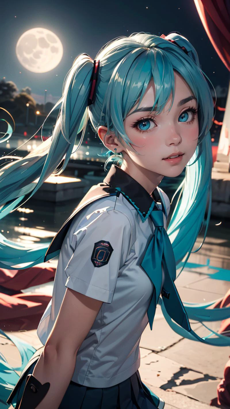 (best quality, masterpiece, colorful, highest detailed) upper body photo, fashion photography of cute (Hatsune Miku), very long turquoise pigtails and a school uniform-like outfit. She has teal eyes and very long pigtails held with black and red square-shaped ribbons that have become a signature of her design, (ultra-detailed body), (light smile:0.3), moonlight passing through hair, (silver lake background:1.3), (intricate details), (dynamic angle)