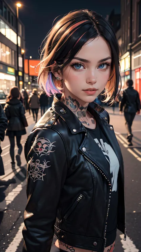 a woman with a tattoo on her arm and a leather jacket