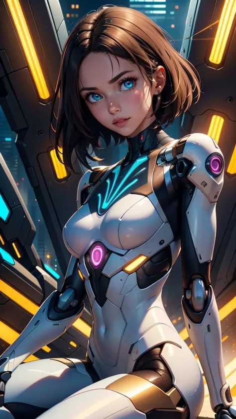 (best quality, masterpiece, colorful, highest detailed) upper body photo, fashion photography of cute (Battle Angel Alita), mechanical arms, detailed cyborg body, glowing body parts, sitting, perfect bobbed black hair, (ultra-detailed body), (light smile:0.3), softlight passing through hair, (distopian futuristic city beautiful background:1.3), (light:1.2), (dynamic angle), (intricate details), (dynamic angle), dark mood, dystopia