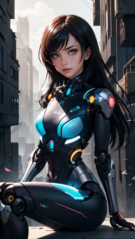 (masterpiece, best quality), 1girl, mechanical arms, cyborg, dark mood, dystopia, glowing, looking at viewer, sitting, long hair...