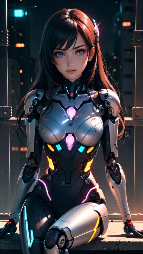 (masterpiece, best quality), 1girl, mechanical arms, cyborg, dark mood, dystopia, glowing, looking at viewer, sitting, long hair, bokeh