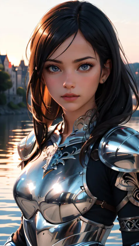 Portrait of a girl, the most beautiful in the world, (medieval armor), metal reflections, upper body, outdoors, intense sunlight, far away castle, professional photograph of a stunning woman detailed, sharp focus, dramatic, award winning, cinematic lightin...