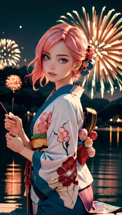 (best quality, masterpiece, perfect face, beautiful and aesthetic:1.2, colorful, dynamic angle, highest detailed face) full body photo, fashion photography of cute european girl with iridiscent pink hair, flirting with POV, in traditional japanese gold&bla...