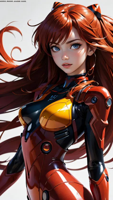 (best quality, masterpiece, colorful, dynamic angle, highest detailed)(Asuka Langley), upper body photo, fashion photography of cute red long hair girl (Asuka Langley), dressing  high detailed Evangelion red suit (high resolution textures), in dynamic pose...