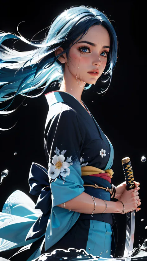 (best quality, masterpiece, beautiful and aesthetic:1.2, colorful, dynamic angle) full body photo epic realistic, (close up), 1girl, floating blue_hair, long hair, (water:0.7), waterdrop, wet, holding_katana, blue_kimono with intricate pattern, ultra detai...