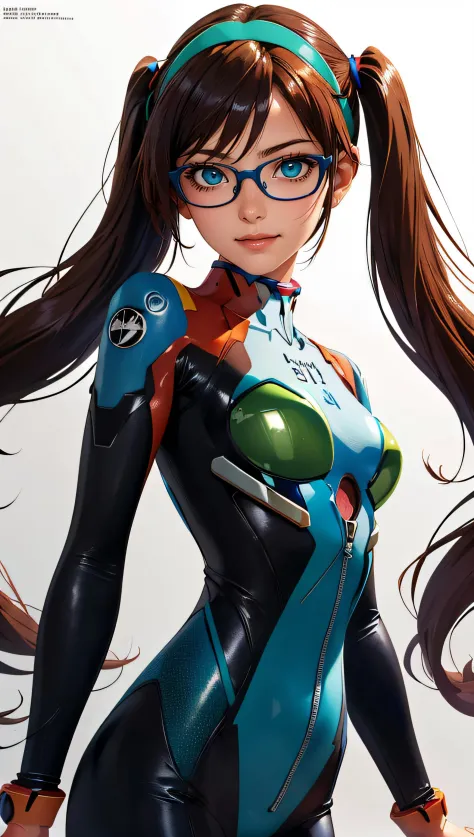 (best quality, masterpiece, colorful, dynamic angle, highest detailed)(makinami_mari)(evangelion) upper body photo, fashion photography of 1girl (makinami_mari), wearing ((full green)) evangelion full green suit (high resolution textures), narrow red glasses, bangs, big_blue_eyes, bodysuit, breasts, cowboy_shot, narrow_red_glasses, hairband, light_smile, dark_brown_long_hair, looking_at_viewer, low_twintails, makinami_mari_illustrious, pilot_suit, green_bodysuit, plugsuit, dark_brown_hair, shiny, shiny_clothes, simple_background, skinny, solo, makinami_mari, standing, turtleneck, twintails, (high resolution textures), in dynamic pose, bokeh, (intricate details, hyperdetailed:1.15), detailed, light passing through hair, splash art flat background(high contrast, official art, extreme detailed, highest detailed),