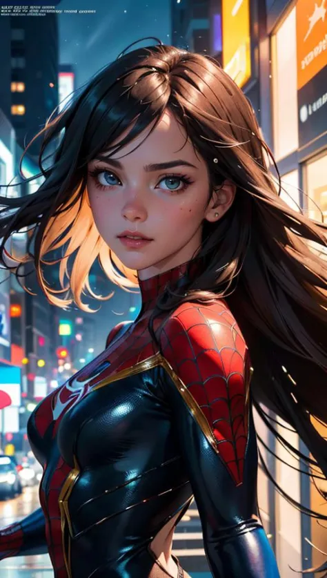(best quality, masterpiece, colorful, dynamic angle, highest detailed) upper body photo, fashion photography of cute, intense red long hair, Mary Jane in spiderman suit,(ultrahigh resolution textures), in dynamic pose, bokeh, glowing web, (intricate details, hyperdetailed:1.15), detailed, light passing through hair, colorful art flat background(official art, extreme detailed, highest detailed),