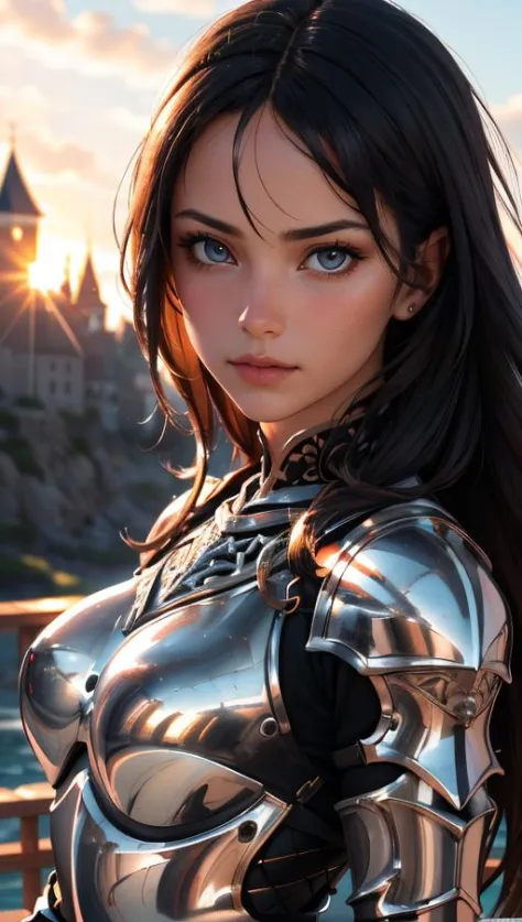 Portrait of a girl, the most beautiful in the world, (medieval armor), metal reflections, upper body, outdoors, intense sunlight, far away castle, professional photograph of a stunning woman detailed, perfect bobbed sexy intense black hair, sharp focus, dr...