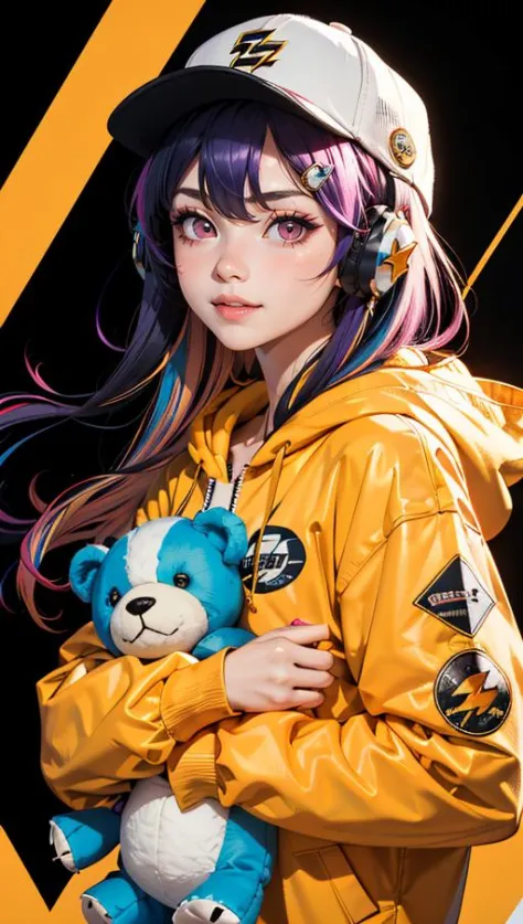 (best quality, masterpiece) 1girl, teddy bear, baseball cap, hat, solo, stuffed animal, stuffed toy, smile, long hair, hood down, jacket, hood, headphones, closed mouth, purple hair, long sleeves, fingernails, nail polish, sleeves past wrists, looking at v...