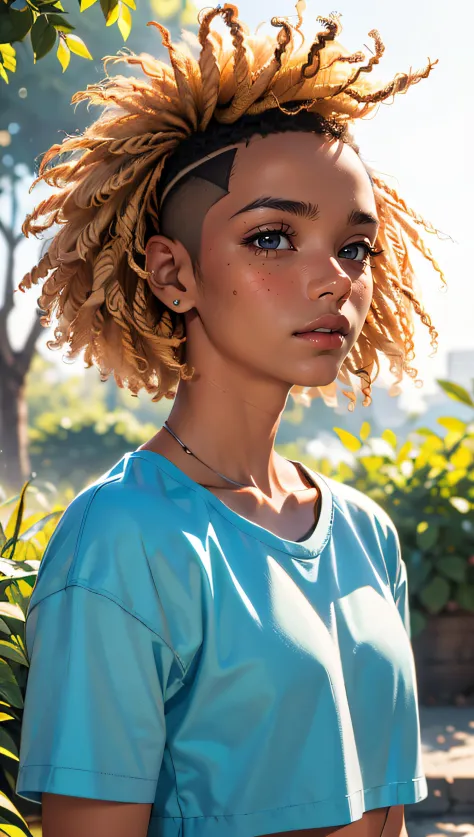 (realistic) a 18 yo afroamerican woman, blonde, (hi-top fade:1.3), dark theme, soothing tones, muted colors, (high detailed natural skin texture, hyper realism, soft light, sharp)