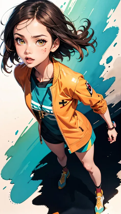 (long shot full body view:1.1) Ethiopian girl with brunette French bob and hazel eyes wearing modest orange [Cropped_Blazer:high-tech_cyberpunk:0.3] outfit, (Confused:1.2), watercolor splotches background, Backlit, soft lighting, (water color:0.8), anime a...