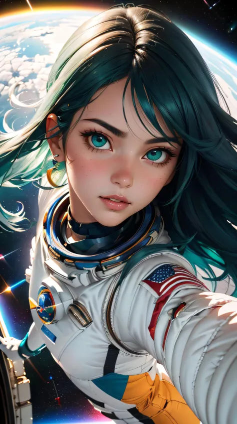 (best quality, masterpiece, perfect face, beautiful and aesthetic:1.2, colorful, dynamic angle, highest detailed face) full body photo, fashion photography of cute astronaut girl with long iridiscent green hair, in space with galaxy behind, 35mm, bokeh, 9:...