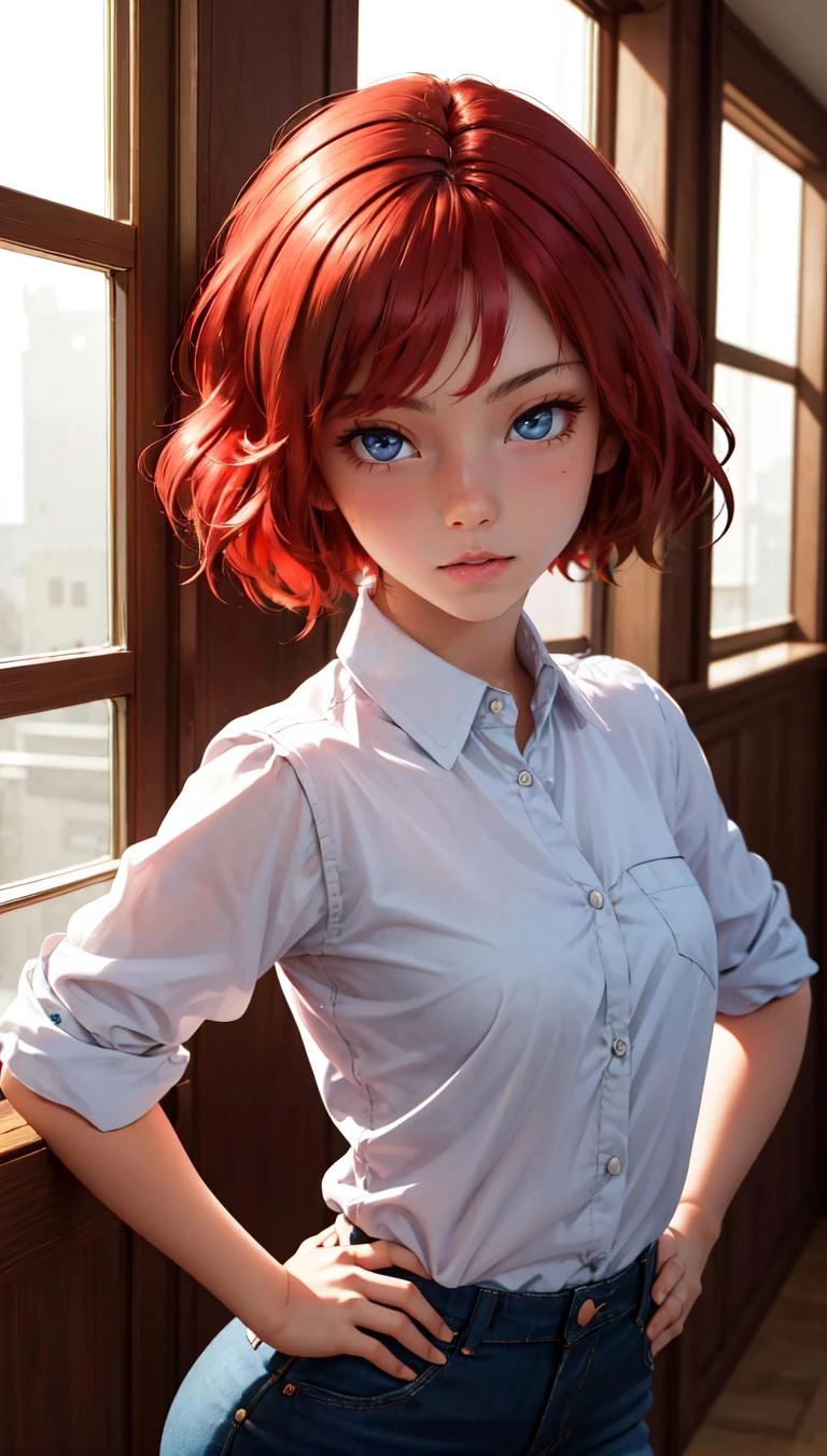 masterpiece, best quality, 1girl, red hair,  wavy hair, very short hair, collared shirt,  hands on hips,  head tilt,