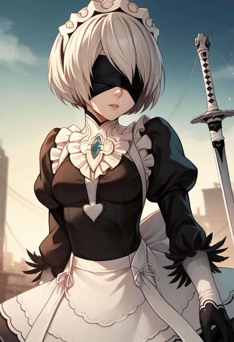 score_9, score_8_up, score_7_up, source_anime, BREAK 1girl, solo, <lora:fatesmaid-fe-richy-v1_pdxl:0.9> fates maid, maid headdress, maid apron, black thighhighs, 2b \(nier:automata\), blindfold, short hair