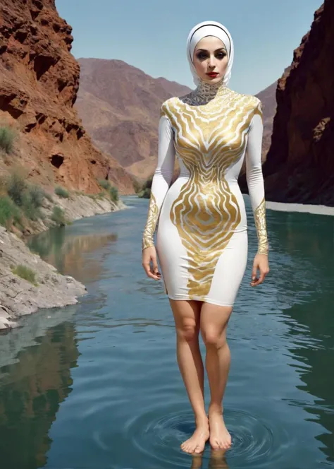 a woman in a white dress standing in a body of water