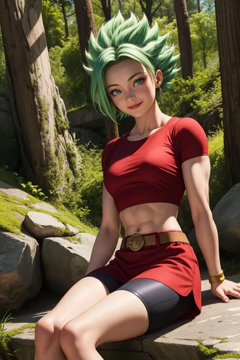 kalessj, 1girl, solo, aqua eyes, green hair, spiked hair, super saiyan, earrings,
red shirt, crop top, short sleeves, wristband,...