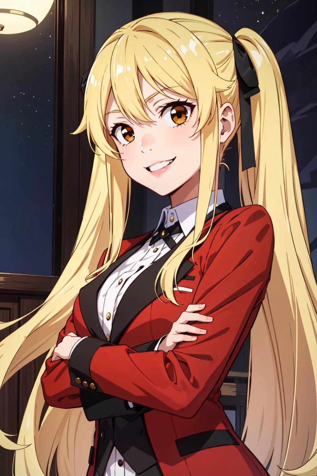 masterpiece, best quality, 1girl, solo, saotome mary, twintails, blonde hair, brown eyes, evil smile, night