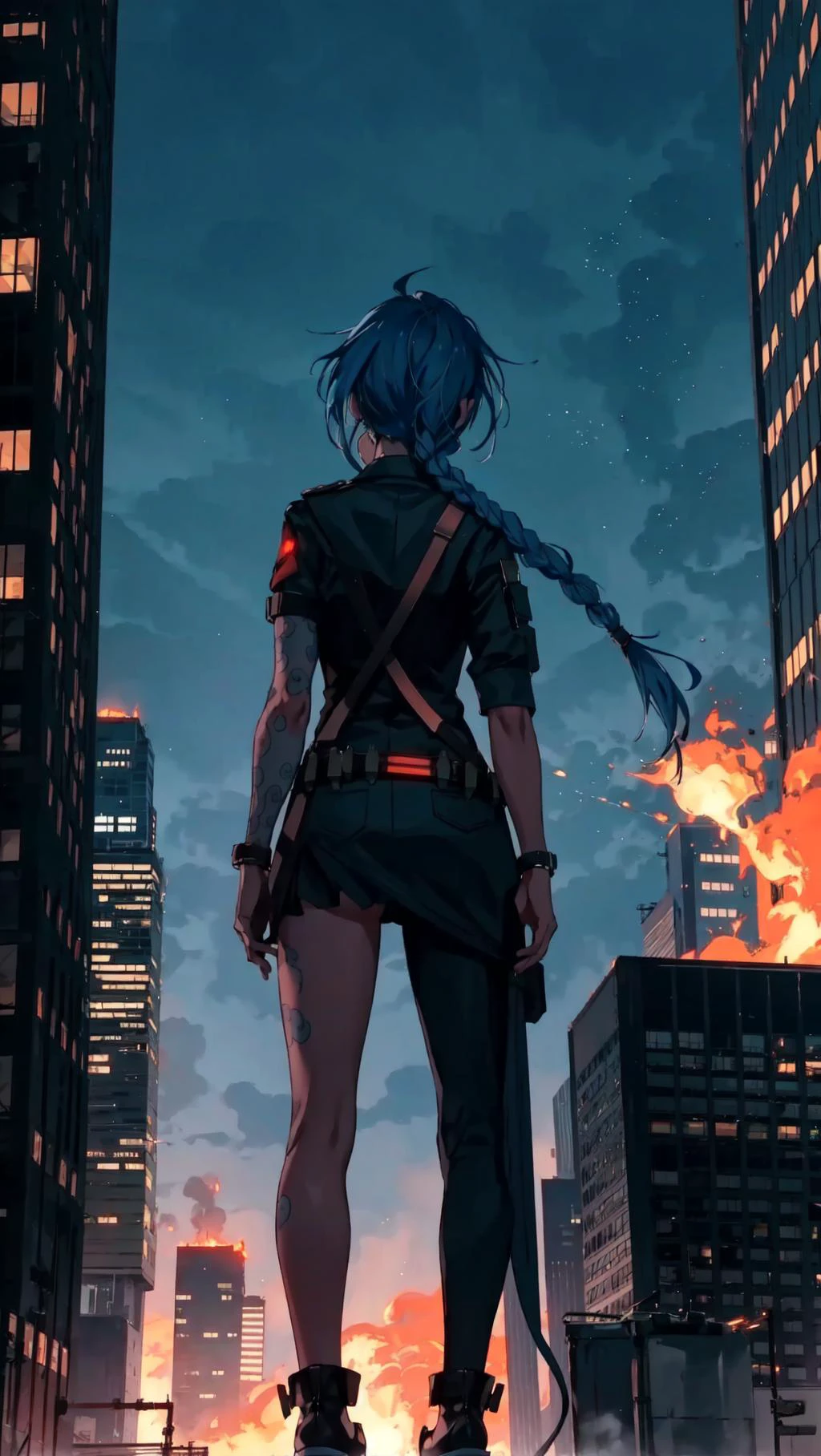 JinxLol , 1 chica , parado en lo alto de un rascacielos , desde atrás, ciudad en llamas , partículas de fuego volando alrededor , mirando hacia otro lado , 