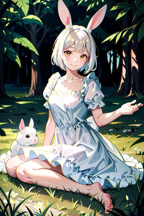 ((masterpiece,best quality)),1girl, solo, animal ears, rabbit, barefoot, knees up, dress, sitting, rabbit ears, short sleeves, looking at viewer, grass, short hair, smile, white hair, puffy sleeves, outdoors, puffy short sleeves, bangs, on ground, full body, animal, white dress, sunlight, brown eyes, dappled sunlight, day, depth of field