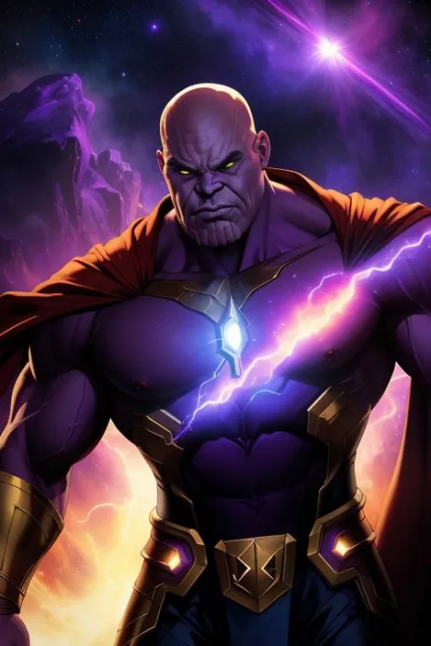 (best quality: 1.2), (masterpiece: 1.2), (realistic: 1.2), stunning angry Thanos, bald, purple cape, nebula space background, volumetric light, upper body, muscle, muscular, fantasy, dynamic angle, dynamic pose, masterpiece