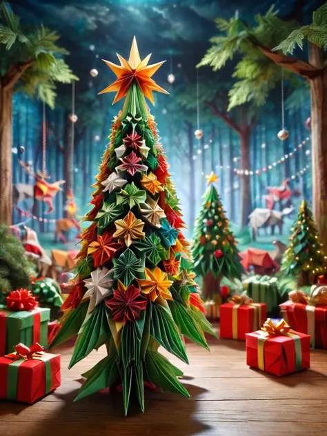 ral-orgmi, a christmas tree made of origami paper with presents <lora:ral-orgmi-sdxl:1>