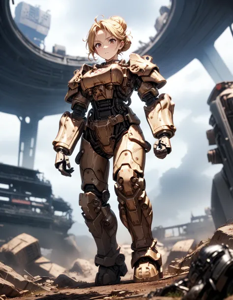 1女孩, 7-PowerArmour 独奏, (T-60), 没有头盔, 无头饰, 金头发, 单发髻, 凌乱的头发, 棕色的眼睛, 全身, 从下面, 電影 angle, 向下看, 看着观众, 多云, 灰蒙蒙, 景深, 模糊的背景, 電影, 电影的, 高预算, (杰作), (最好的质量), (极其详细), 非常美观, 插图, 完美构图, 复杂的细节, 荒诞, 