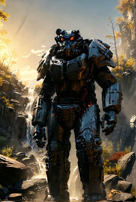 Power Armour, X-01, walking through mountains, large mountain, waterfall, trees, sunny sky, holding gun, flames, accurate foliage
[reflections, dark lighting, light rays, beams of light, realistic, high quality photo, 4k]
<lora:add-detail-xl:0.5> <lora:xl_more_art-full_v1:0.4> <lora:Power Armour v2.0:0.9>