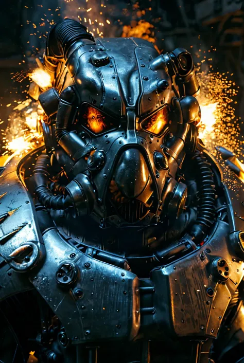 X-01 Power Armour, Amber Reflections, black lighting, close up, accurate helmet, embers, explosions, cinematic masterpiece, slow motion, highly detailed armour
[reflections, dark lighting, light rays, beams of light, realistic, high quality photo, 4k]
<lora:add-detail-xl:0.5> <lora:xl_more_art-full_v1:0.4> <lora:Power Armour v2.0:0.9>