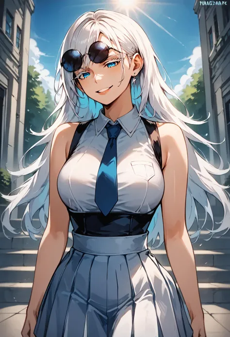 anime girl with white hair and blue tie walking down a street