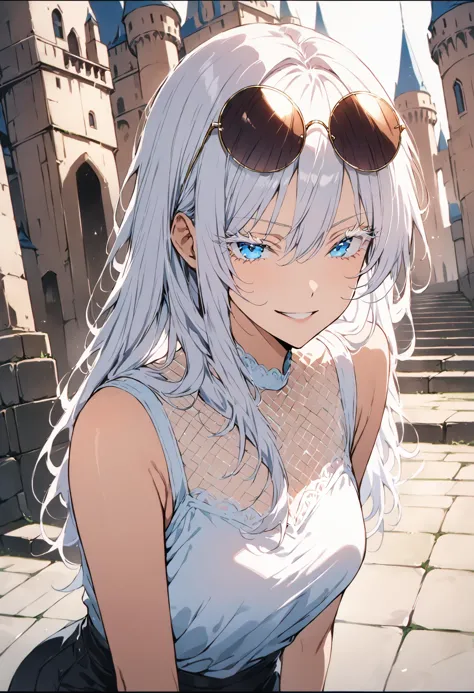 anime girl with blue eyes and white hair in front of a castle