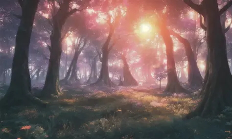 a gorgeous magical forest, sunset , spectacular, breathtaking, gorgeous, beautiful, (lndskp style) and (redshift style:1.2) and ...