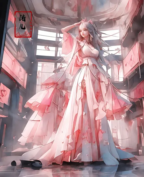 anime girl in a long dress standing in a room with a red light