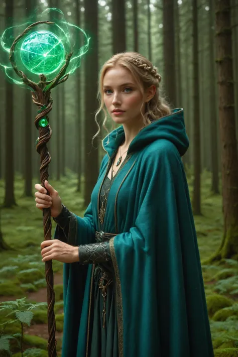 a woman in a green cloak holding a green wand in a forest