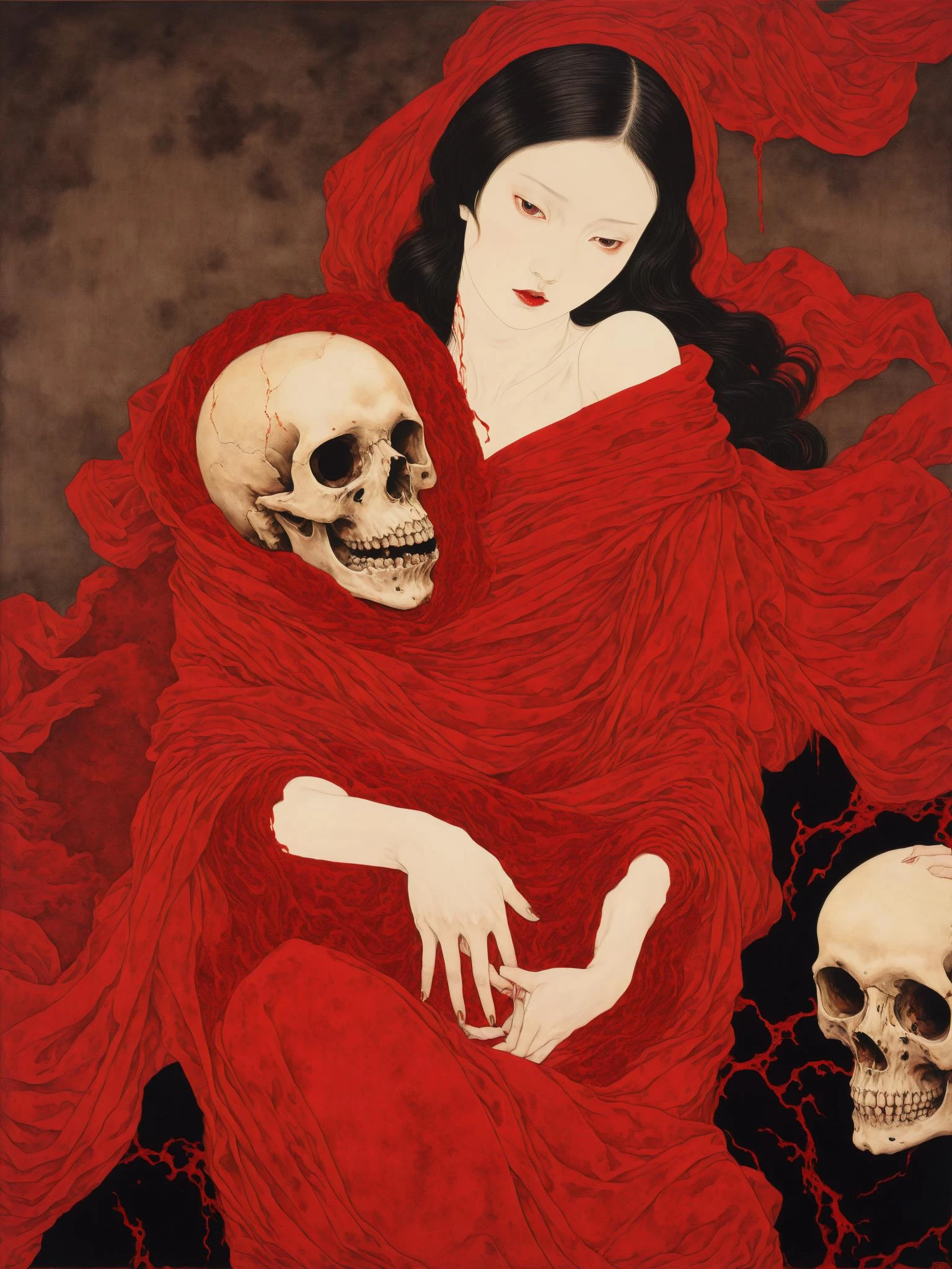 horror painting of young woman cradling a skull surrounded by endless blood red velvet blankets , in the style of takato yamamoto