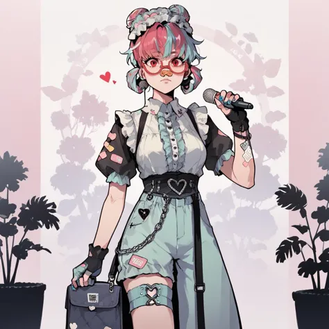 anime girl with pink hair and a black purse holding a gun