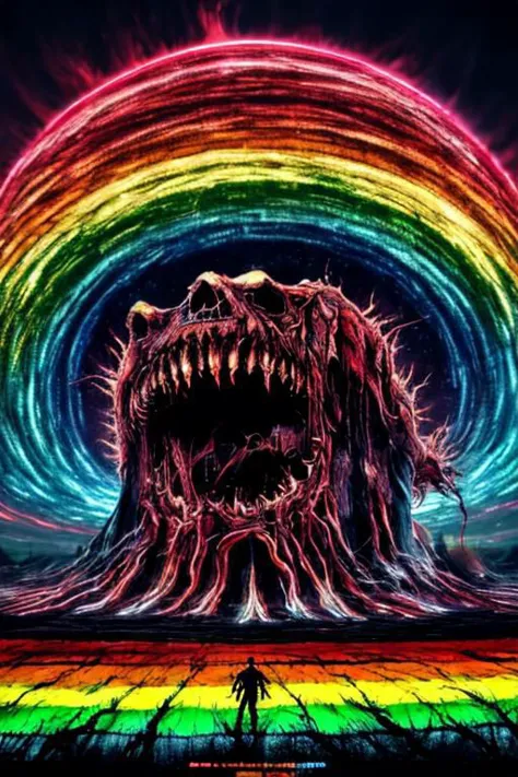 veins growing and pumping blood, full body in frame, satanic cross, realistic photography, explanding, the death of a population, detailed sky, connecting, rainbow veins everywhere, nuclear explosion, alice prin, high res anime, oozing thick neon rainbow blood, rainbow skin, realistic blood, oozing thick rainbow blood, glowing teeths, deadman
