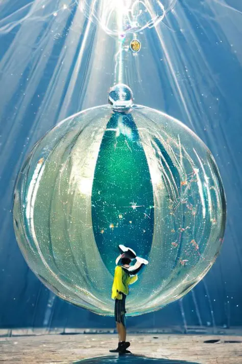 a close up of a person standing in a glass ball