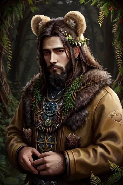 long_hair, animal_ears, lotus, ferns, roots, bear, brown fur, manly, portrait painting, hdr