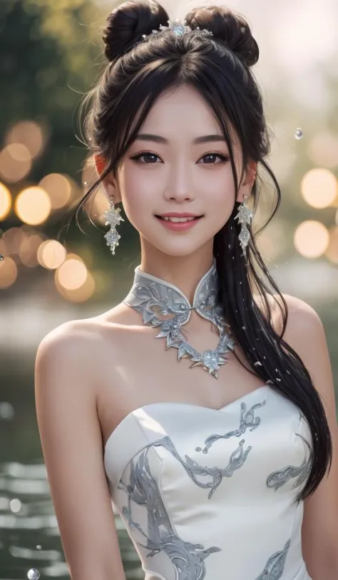 best quality,masterpiece,highres,cg, 1girl,(seductive smile:0.8),long hair,star-shaped pupils,cheongsam,dress,water,solo,jewelry...