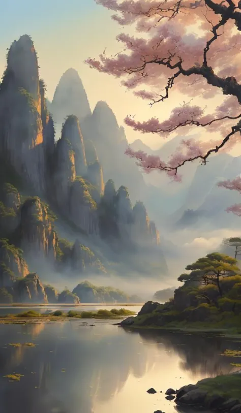 guofeng,chinese style,((summer, Huangshan National Park,painting antient arts style,traditional Chinese painting,painting lake and mountain landscape, mountain reflection on lake surface)),Painting,Volumetric sun Lighting,((high quality:1.2, masterpiece:1....