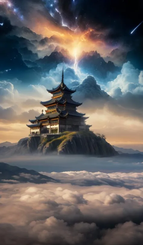 DUNGHUANG,ANTECEDENTES DE DUNGHUANG,no céu,nas nuvens,país das fadas, cercado por nuvens e fumaça, Ponte do Palácio Oriental, monstro, sonho abstrato, espaço, Intrincado, grande escala, sozinho, filme cinematográfico ainda, detalhe insano, foco nitído, profundidade de campo, iluminação realista, (perspectiva realista), complex, (vários assuntos), 4k HDR, 