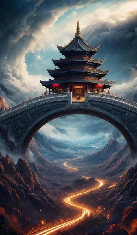 DUNGHUANG,DUNGHUANG BACKGROUND,on the sky,on the clouds,Fairyland, surrounded by clouds and smoke, oriental palace bridge, monster, abstract dream, space, intricate, grand scale, alone, cinematic film still, insane detail, sharp focus, depth of field, realistic lighting, (realistic perspective), complex, (multiple subjects), 4k HDR, <lora:add_detail:0.5> <lora:more_details:0.25> <lora:FantasyWorldV1:0.25>