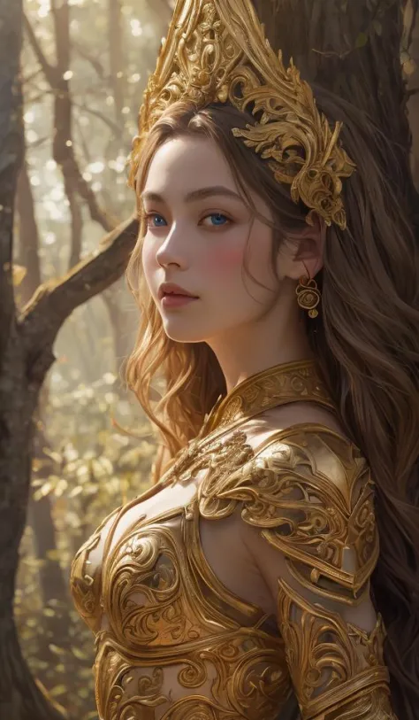 a masterpiece ultrarealistic ultradetailed portrait of a beautiful girl in incredible goledn armor. baroque renaissance. in forest. medium shot, intricate, elegant, highly detailed. trending on artstation, digital art, by stanley artgerm lau, wlop, rossdraws, james jean, andrei riabovitchev, marc simonetti, yoshitaka amano. background by james jean and gustav klimt, light by julie bell, 4 k, porcelain skin.